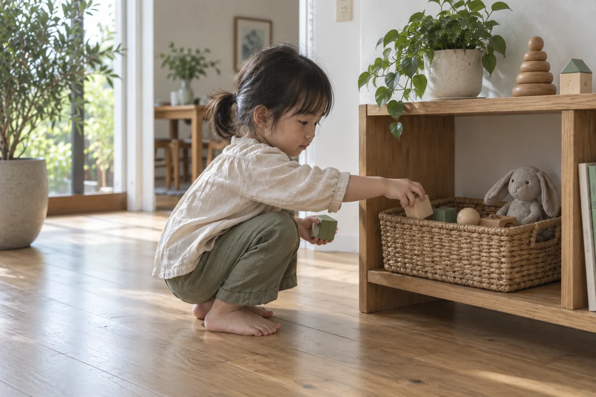 子どもの手が届くかごに、自分でおもちゃを戻す工夫を表すイメージ写真