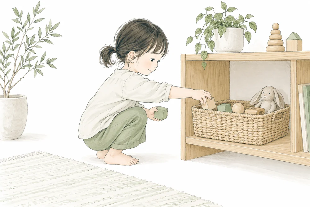 子どもの手が届くかごに、自分でおもちゃを戻す工夫のイラスト