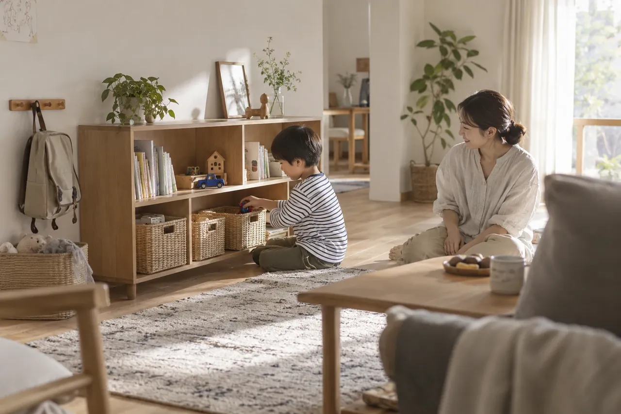 子どもの手が届く収納で、親子がゆったりと過ごす暮らしのイメージ