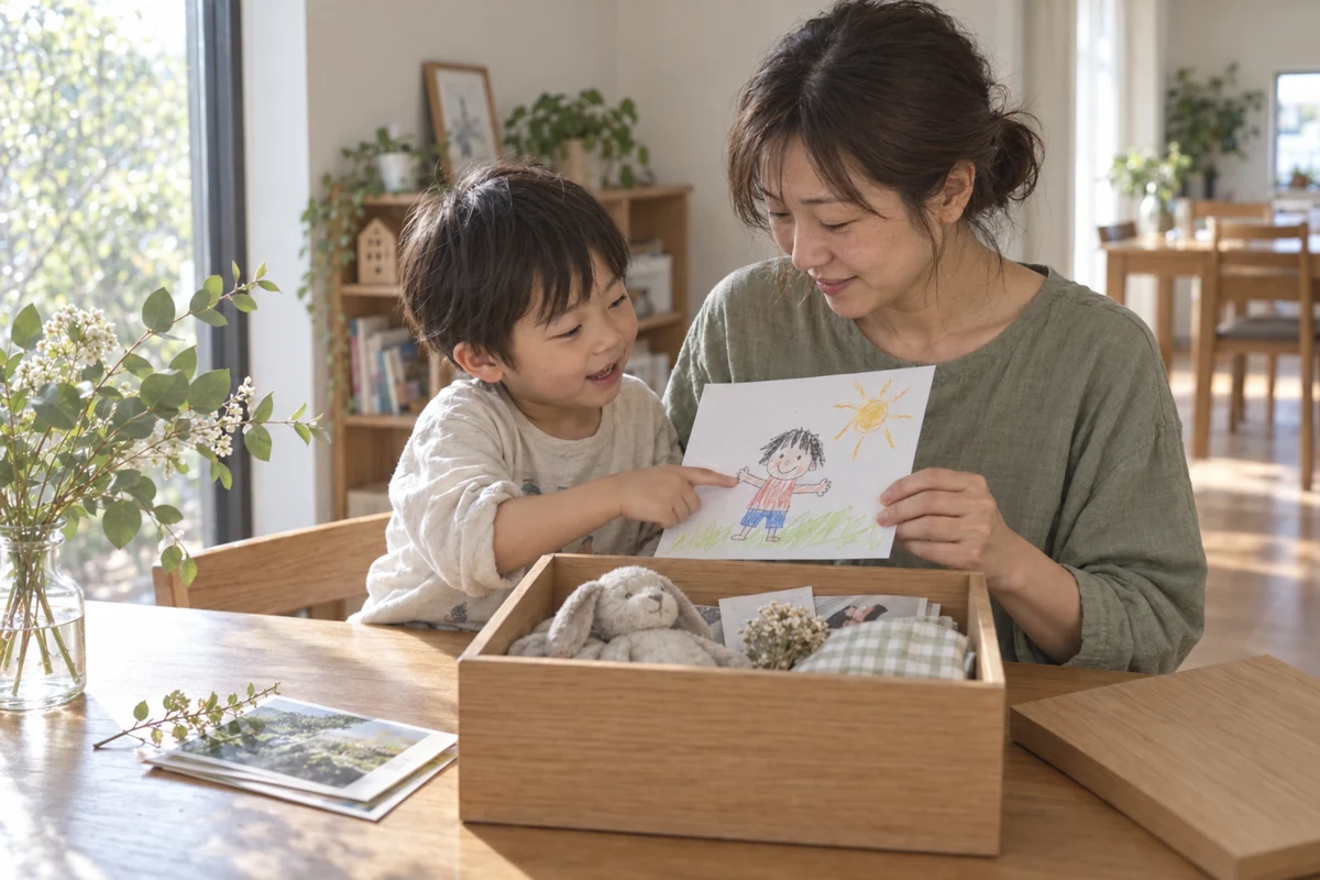 親子で思い出の品を選び、箱に収める様子のイメージ写真