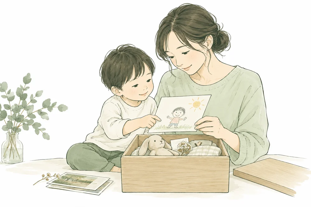親子で思い出の品を選び、箱に収めるイラスト