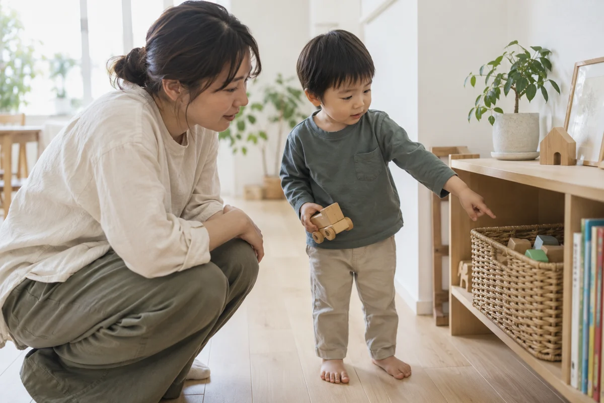 親子でおもちゃの戻す場所を相談するイメージ